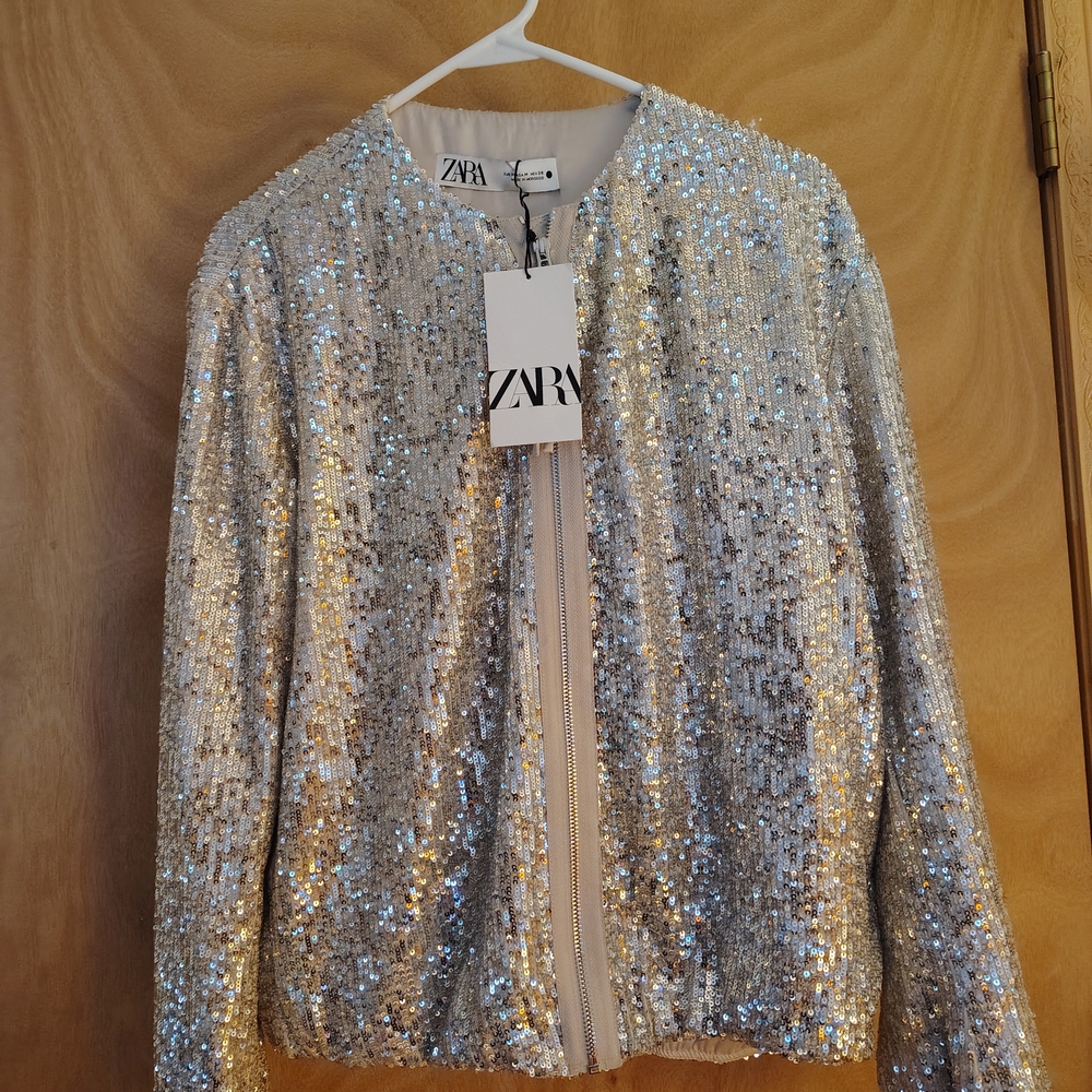 Zara Silver Bomber Jacket with Shimmering Finish